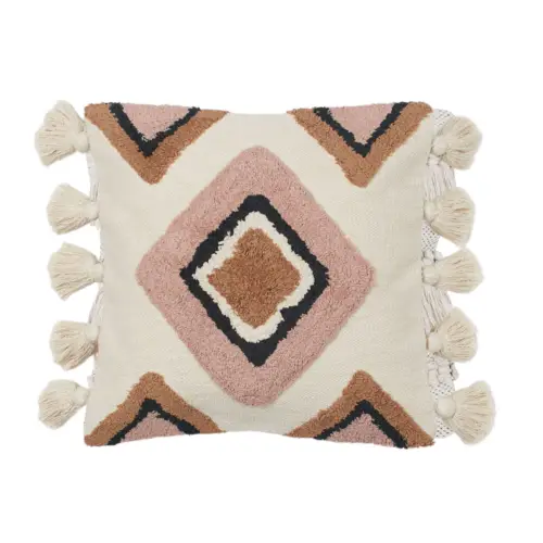 Kussen met kwastjes beige/roze
